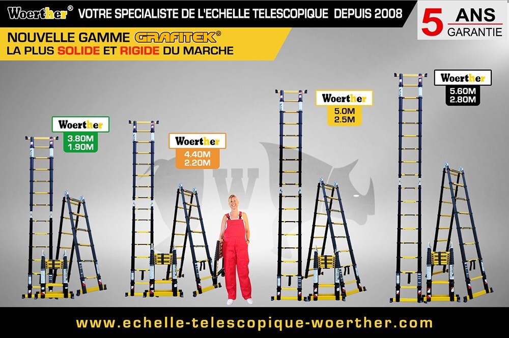 Échelle Télescopique Woerther 3,8 M (ou 1,9 M Repliée) – 12 Marches, 150 Kg, Aluminium 7175T6, Housse Incluse, Garantie 5 Ans