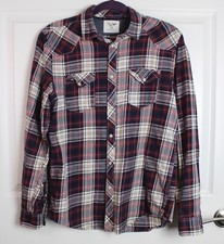 Men's Cedar Wood State Cranberry Navy White Plaid Flannel Snap Button Shirt Med
