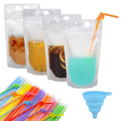 Zipper Plastic Pouches Drink Bags, Heavy Duty Hand-Held with 100pcs Straws