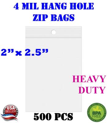 500 - 2'' x 2.5'' Zip Seal Reclosable 4Mil Top Lock Bags Hang Hole Heavy Duty