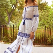 Bardot Santorini Blue Embroidered Maxi Dress Womens Small Resortwear 70s Boho