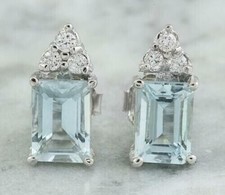 14K WHITE GOLD PLATED 2CT EMERALD CUT LAB CREATED AQUAMARINE DIAMOND WOMEN STUD