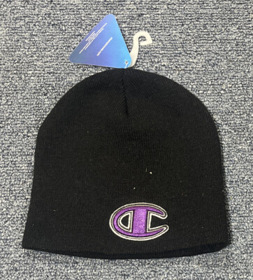 New Black Champion Uncuffed Knit Winter Beanie With Purple Logo