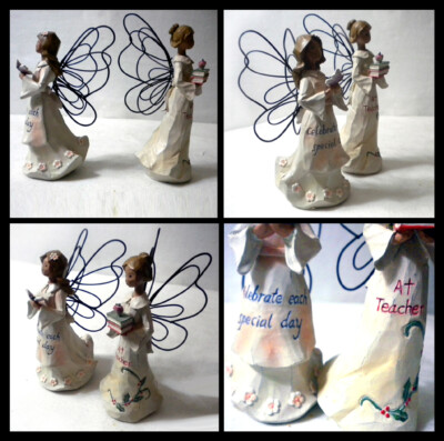 6 Wood Cut Angel Figurines Collection 1 Large Praying 13” w