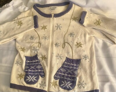 Winter Theme Sweater Small Full Zip Basic Editions Holiday Embroidered Mittens