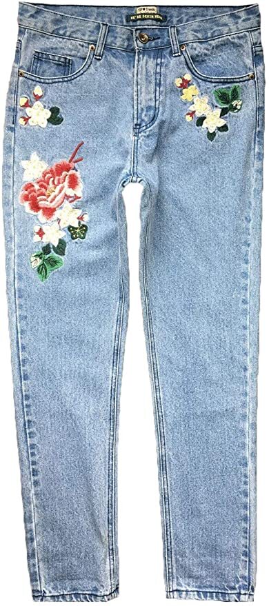 Women's Flower Embroidery Mid-Waist Pockets Pencil Cowboy