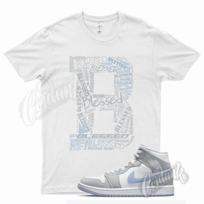 White BLESSED T Shirt for Air J1 1 Mid Wolf Grey Aluminum Hyper Royal Blue