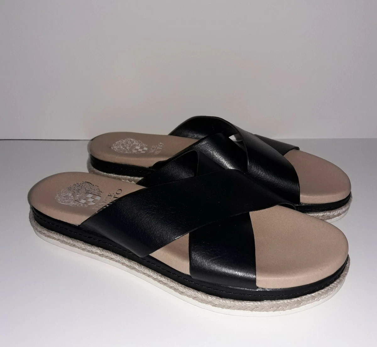 Vince Camuto Rickert Black Leather Espadrille Flat Slide Sandals