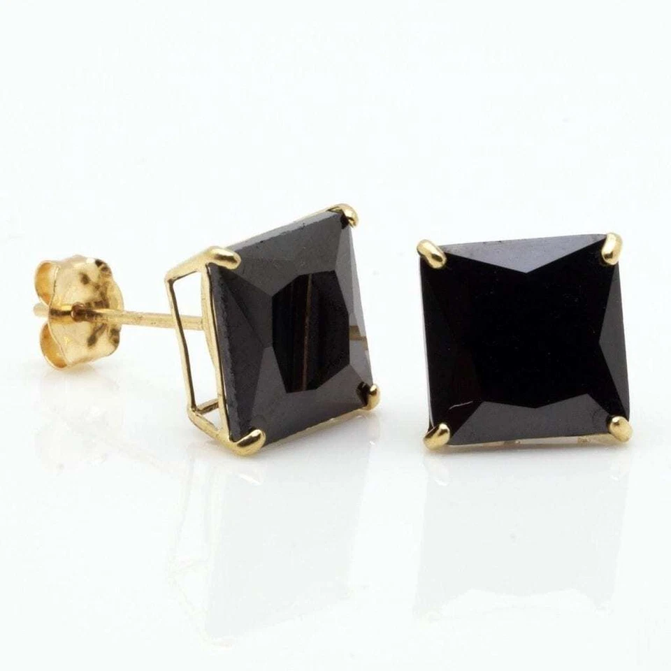 14K Yellow Gold 4Ct Simulated Black Diamond Princess-Cut Stud Earrings - Image 2 of 4