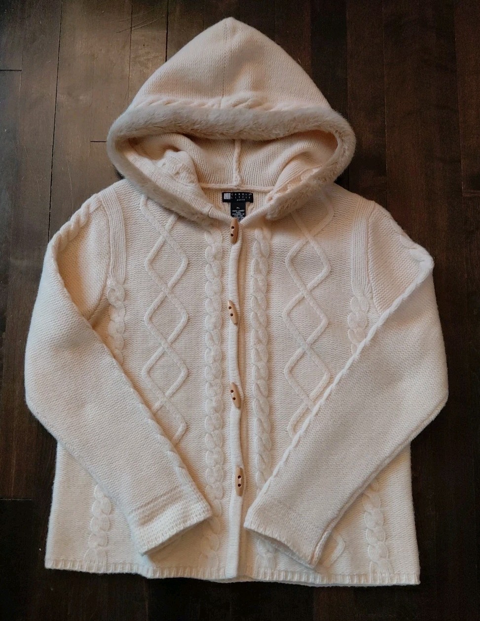 Carole Little 100% Lambs Wool Cream Cardigan Sweater Faux Fur Trim Hood Large