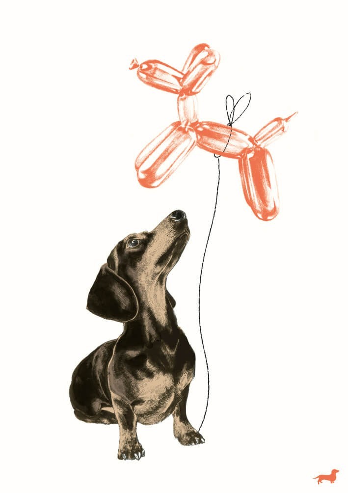 Cute Birthday Card Sausage Dog Dachshund Balloon - Fun Design Greeting Card