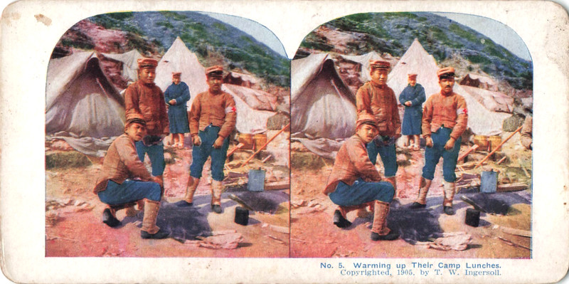 Stereoscope Card, Copyright 1905, Warming Up Camp Lunches