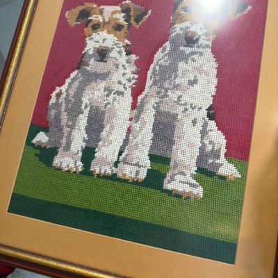 Vintage Needlepoint Two Wire Fox Terriers Dog Framed 19.5