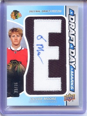 2025-26 SP Game Used Oliver Moore Draft Day Marks Auto Patch /35 ''E'' Blackhawks