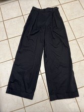 DOEN Black Cotton High Rise Pleated Side Zip Wide Leg Cuffed Trousers Pants Sz 4