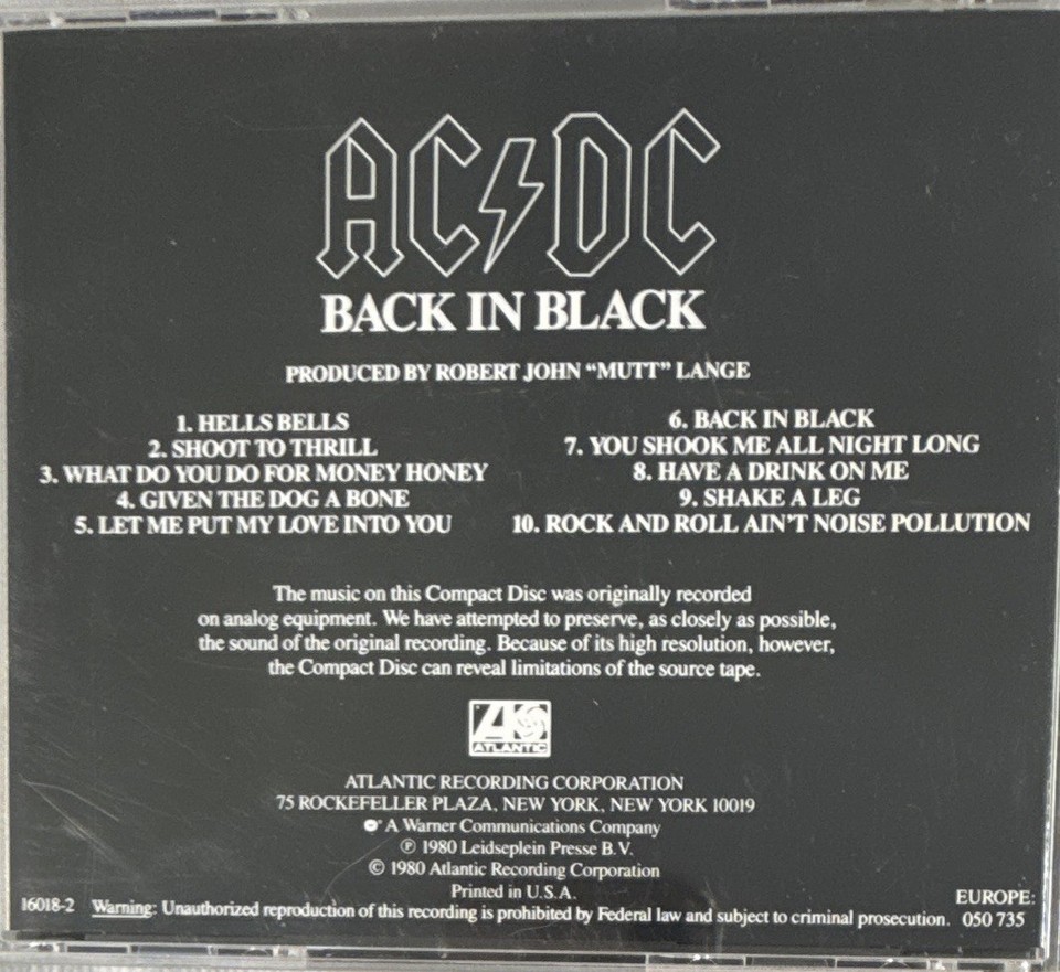 AC/DC - Back in Black CD 1980, Atlantic Recording Corporation Rock ...