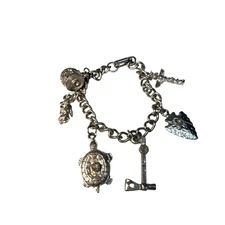 Vintage Silver Charm Bracelet Turtle Arrowhead Totem Pole Hammer Drum