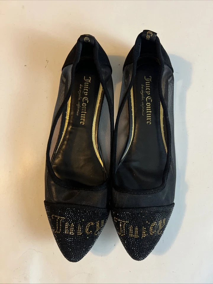 Zapatos Juicy Couture Penny para mujer 7,5 malla transparente planos negros gamuza estrás Foto 3 de 4