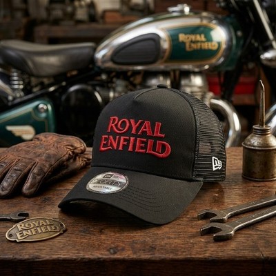 Royal Enfield Logo Embroidered 9FORTY Trucker Hat Black Mesh Snapback Cap