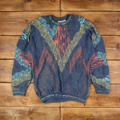 Vintage COOGI Pullover Pulli L 3D Strick Rundhals blau