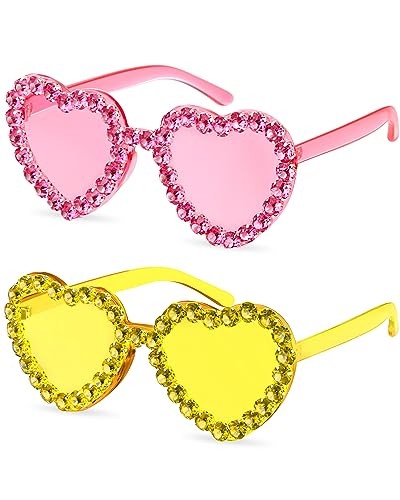 2 Pairs Heart Shaped Rimless Sunglasses Heart Rhinestone Glasses for Women
