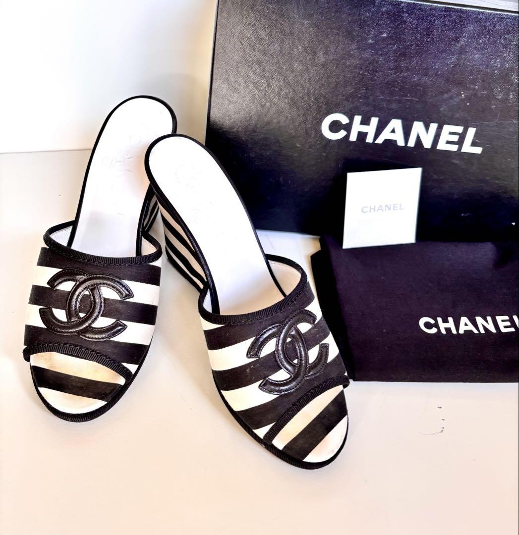 CHANEL CC Logo Striped Wedge Espadrille Sandals US5.5 Authentic From Japan RIN