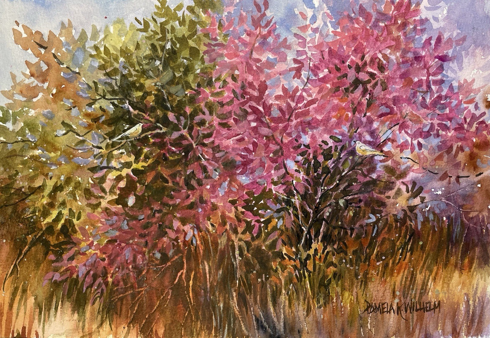 8”x12” Original Pamela Wilhelm Acuarela y Gouache Rosa Naranja Arbustos y Pájaros