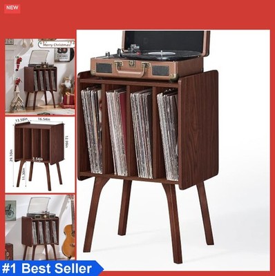Record Player Stand Walnut Vinyl Storage Table 4 Cabinet Fits 100 Albums Mid
