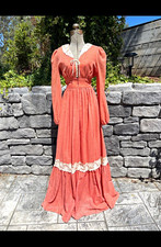 Vintage 70s Peachy Pink Prairie Maxi Dress Lace Up Front
