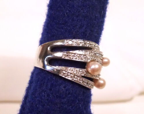 Sterling Silver Multi Band Cocktail Ring in Faux Pink Pearls & Rhinestones Sz 8 - Picture 3 of 3