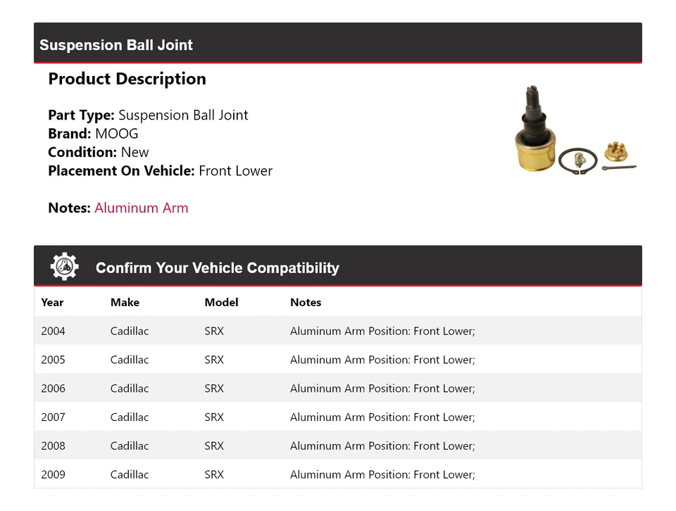 Rótula inferior delantera MOOG 2004-2009 suspensión Cadillac SRX Foto 2 de 4