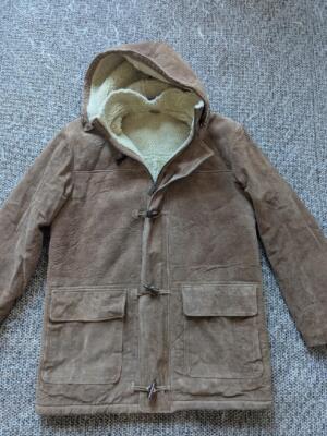 vintage SHEEPSKIN duffle coat L suede leather HOODED brown jacket WILSONS lined
