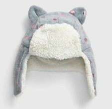 New Baby Gap Gray Fleece Sherpa Metallic Pink Polka Dot Trapper Winter Hat S/M