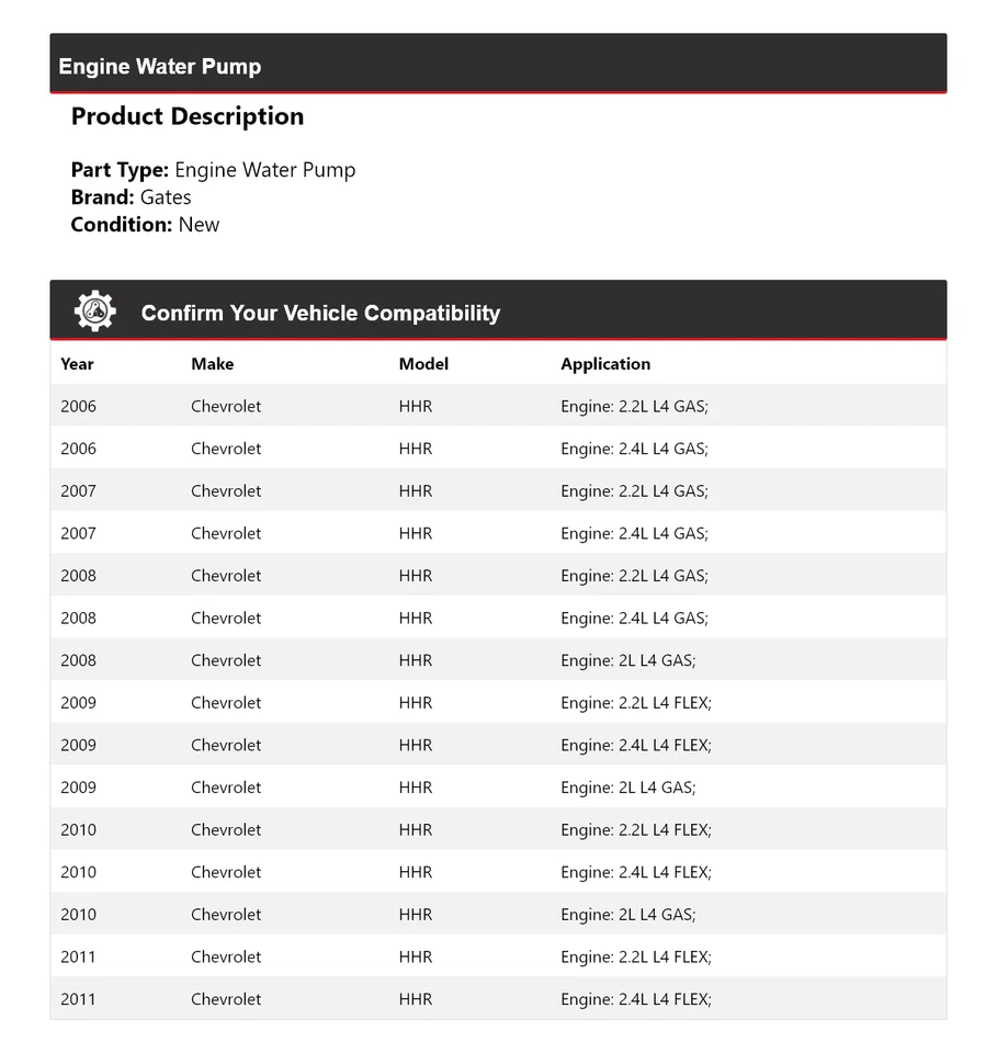 Puertas de bomba de agua del motor Chevrolet HHR 2006-2011 2007 2008 2009 2010 Foto 2 de 4