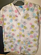 HQ Scrub Top Womans Small Floral Nurse Scrubs pink purple yellow medical vet