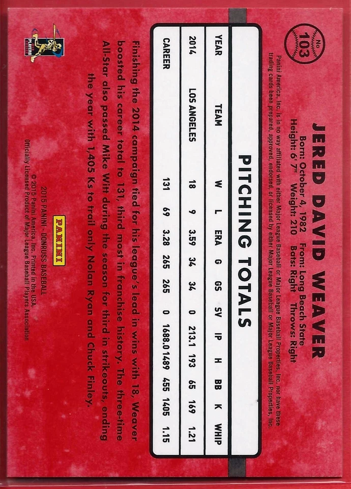 Jered Weaver 072/199 新闻证明 2015 年 Donruss #103 CSU - 圣地亚哥教士 — 第 2/3 张图片