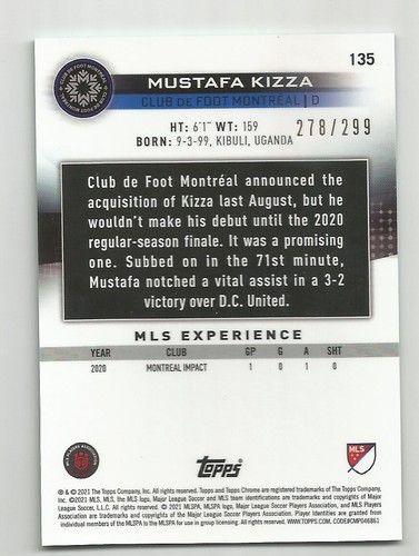 2021 Topps Chrome MLS MUSTAFA KIZZA Rookie RC Aqua Refractor /299 CF MONTREAL - Picture 2 of 2