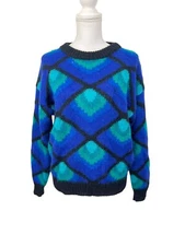 Vintage Blass Sport Fuzzy Mohair Blend Diamond Pattern Sweater Women L 80s 90s