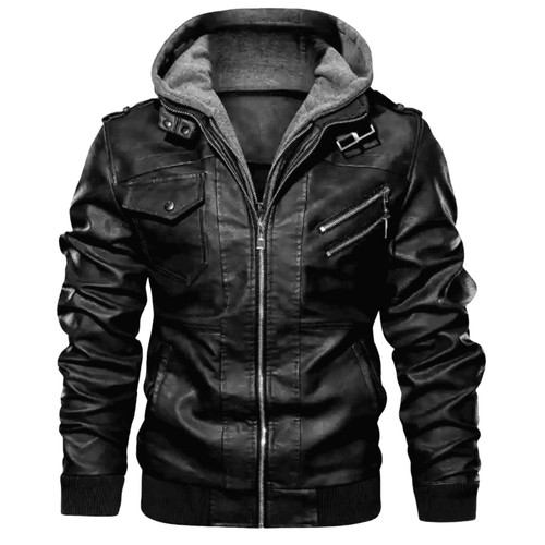 Windproof Mens Hooded Leather Jacket Autumn Casual Slim Fit Zip Up Coat Winter - Picture 13 of 13