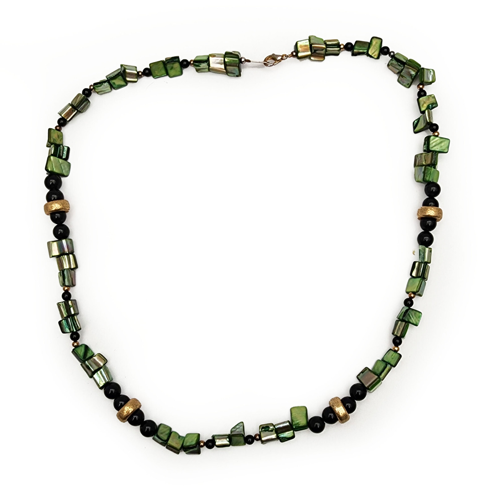 Green Shell Chip Necklace Black Glass Gold Tone Beads 24" Boho Beachy Nature