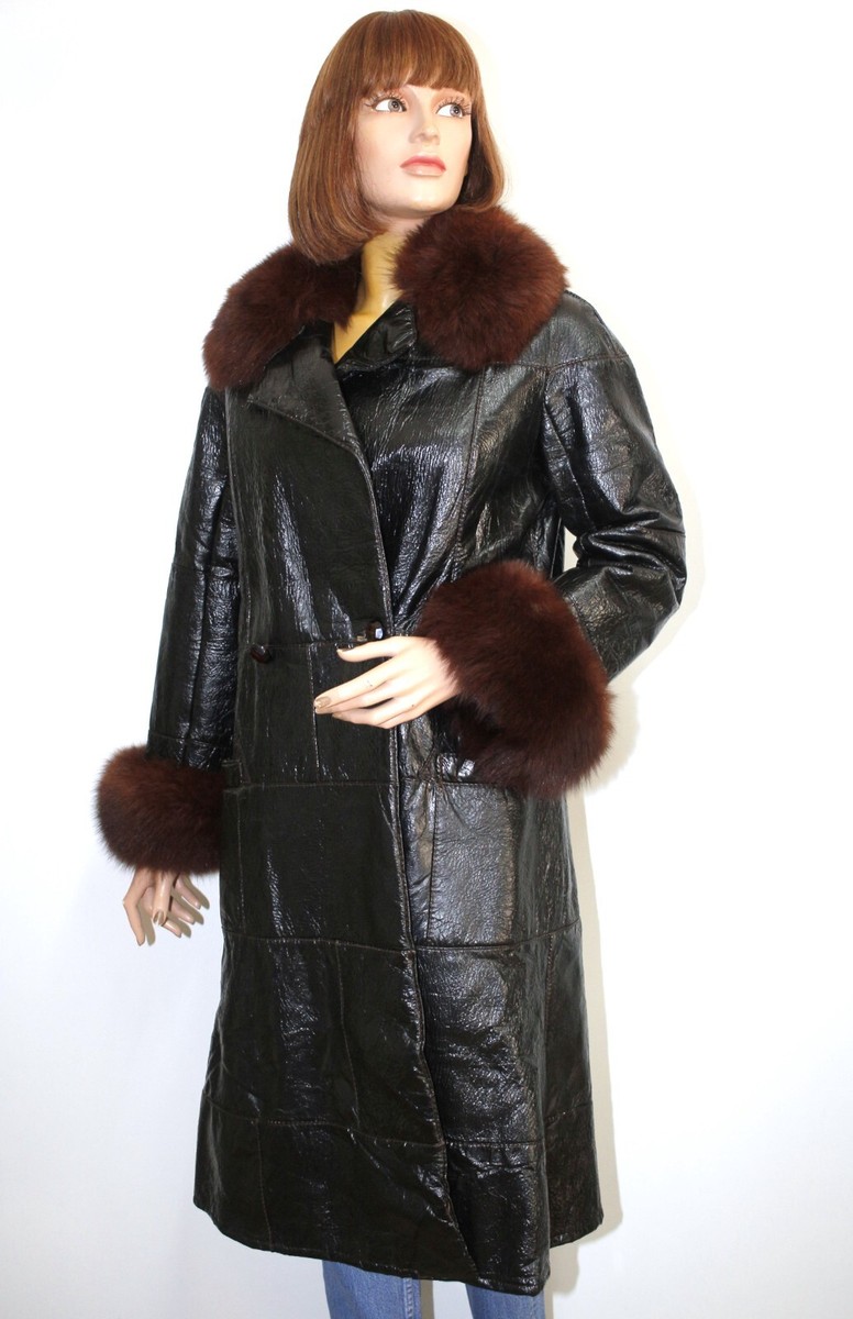 RARE French Vintage 60/70s Long Vinyl/Fur Brown Coat DIOR