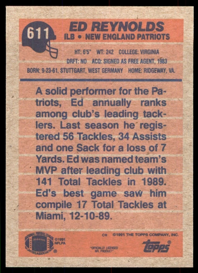 1991 Topps Ed Reynolds New England Patriots #611 - Image 2 of 2