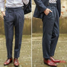 Men's Woolen Gurkha Pants Tweed Suit Pants Casual Formal Trousers Belted Adjust