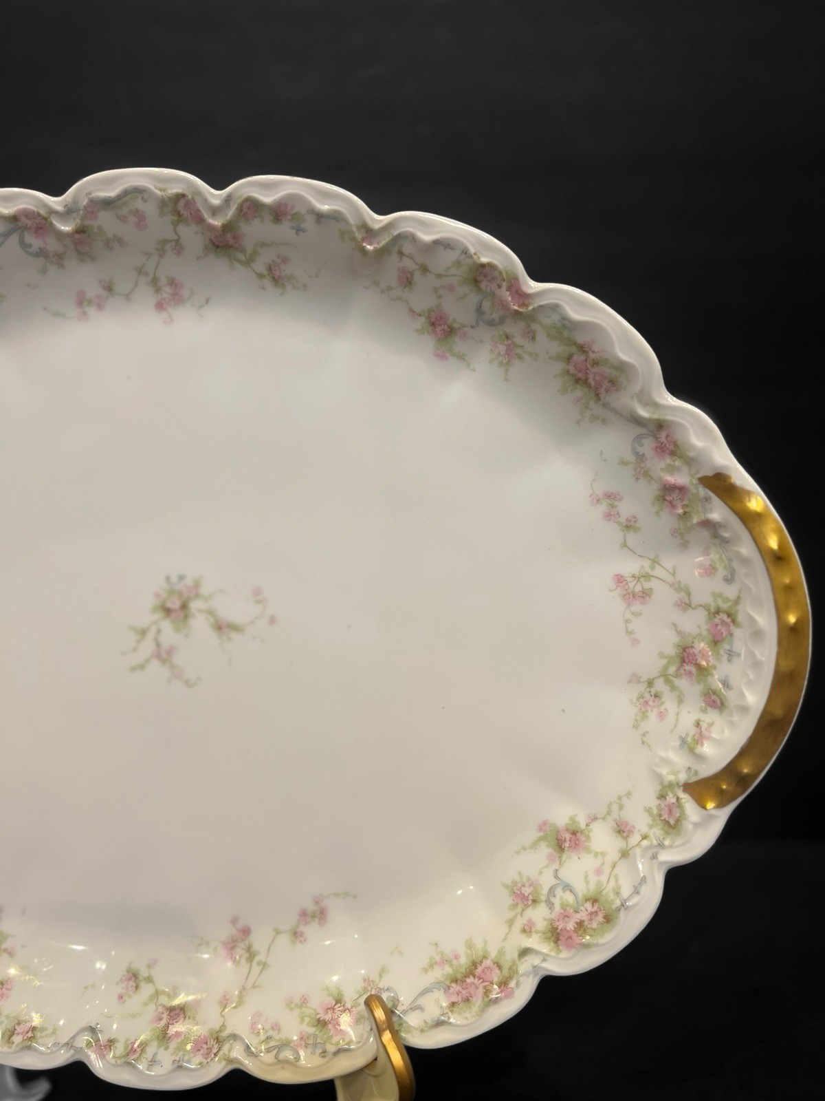1905 Circa Theodore Haviland Limoges Oval Platter Pink Roses Gold Gilt 16.5x11"
