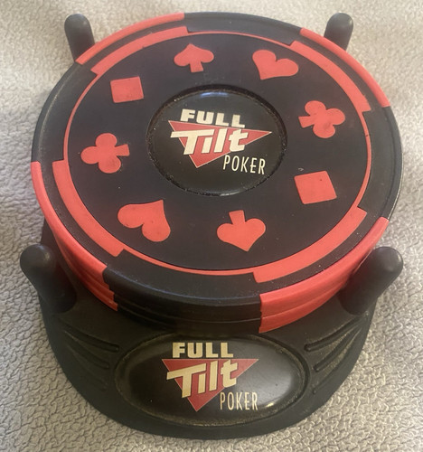 Full Tilt Poker Chip Coasters Set of 4 w/ Holder Stand Black/Red