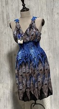 NWT Bright Blue Peacock Print w/ Lace Back Stretch Midi Dress Sundress L #19