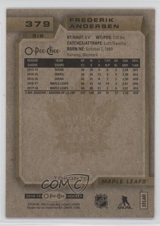 2018-19 O-Pee-Chee Red Frederik Andersen #379 - Image 2 of 2