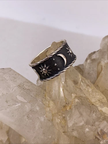 Vintage ATI 925 Mexico Moon Stars & Sun Wide Band Ring 7.5