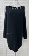 M & S Long Sleeve Black Rib Knitted Shift Dress Zip Front Pockets Size 10