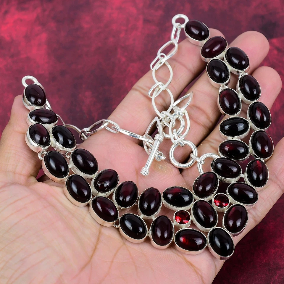 Collar hecho a mano de plata de ley 925 con piedras preciosas de labradorita destello rojo joyería Foto 2 de 4